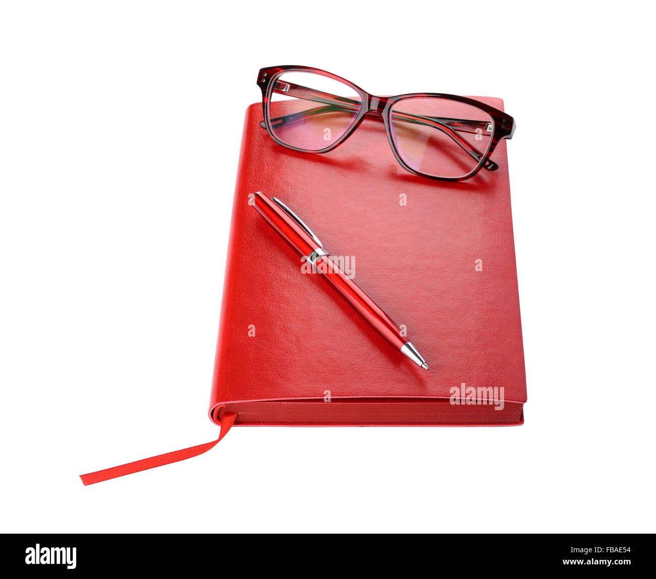 Tagesplaner mit Brille und Stiftfarbe Rot Stockfoto