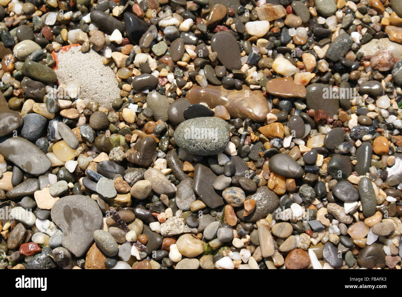 Stein Texturen Hintergrund. Meer-Steinen unter der Sonne. Kleine Steinchen. Stockfoto