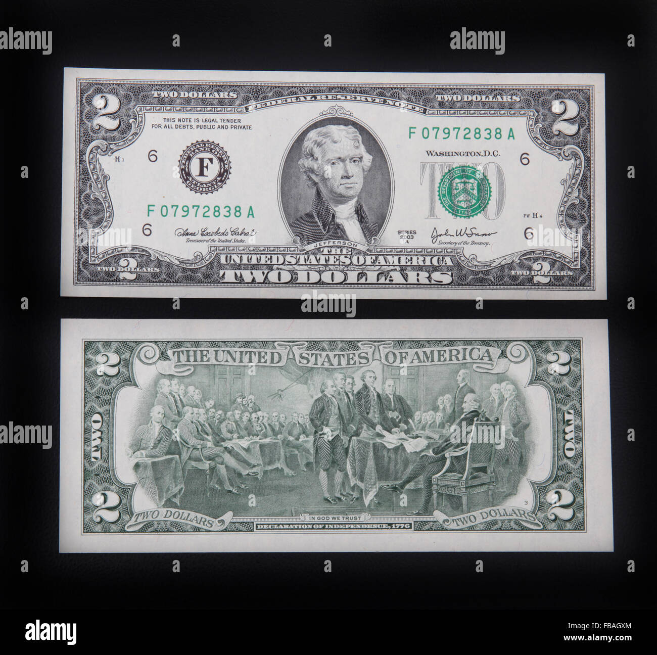Vorder- und Rückseite von einem 2 Dollarnote. Stockfoto