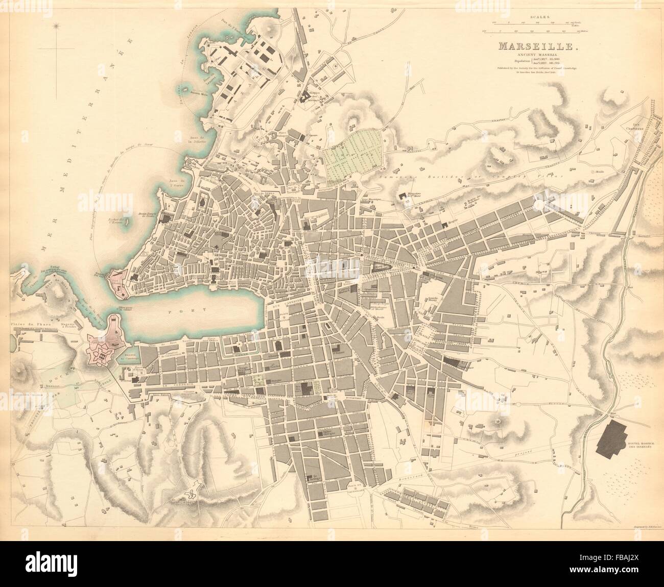 MARSEILLE. Stadtplan der antiken Stadt. Antike Massilia. Marseille. SDUK, 1844 Stockfoto