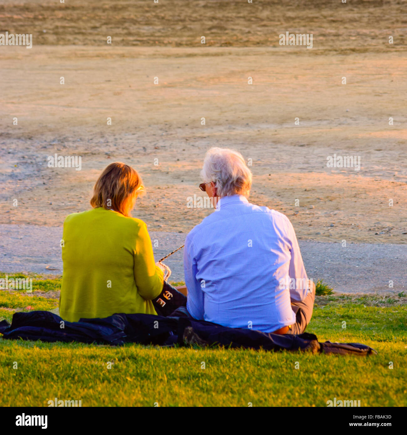 Altes Ehepaar sitzt auf dem grünen Rasen. Stockfoto