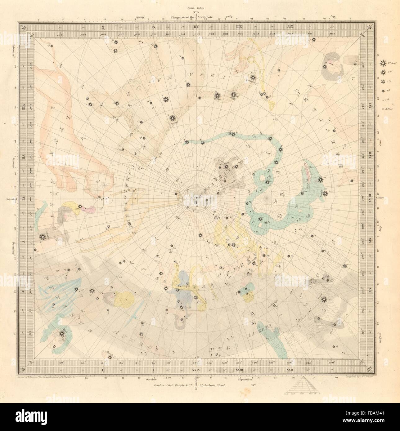 ASTRONOMIE HIMMELSKÖRPER. Sternenkarte. Sternenkarte, V. Nordpol. SDUK, 1847 Stockfoto