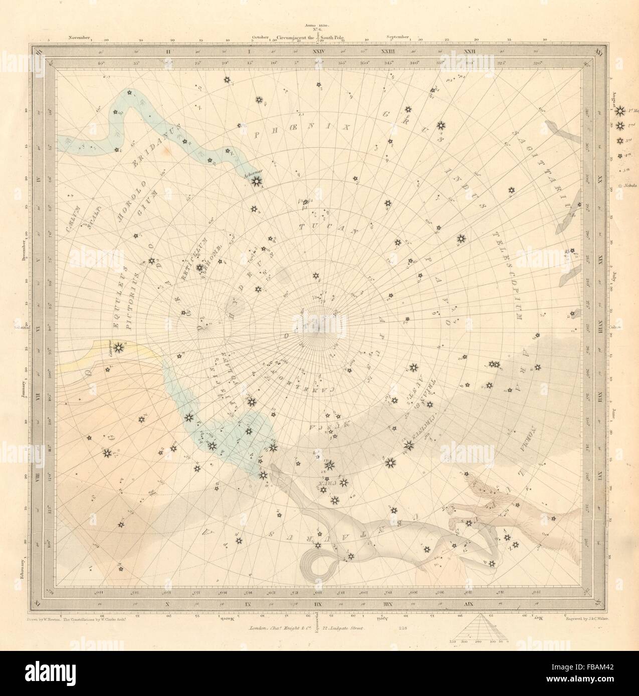 ASTRONOMIE HIMMELSKÖRPER. Sternenkarte. Sternenkarte, VI. Südpol. SDUK, 1847 Stockfoto