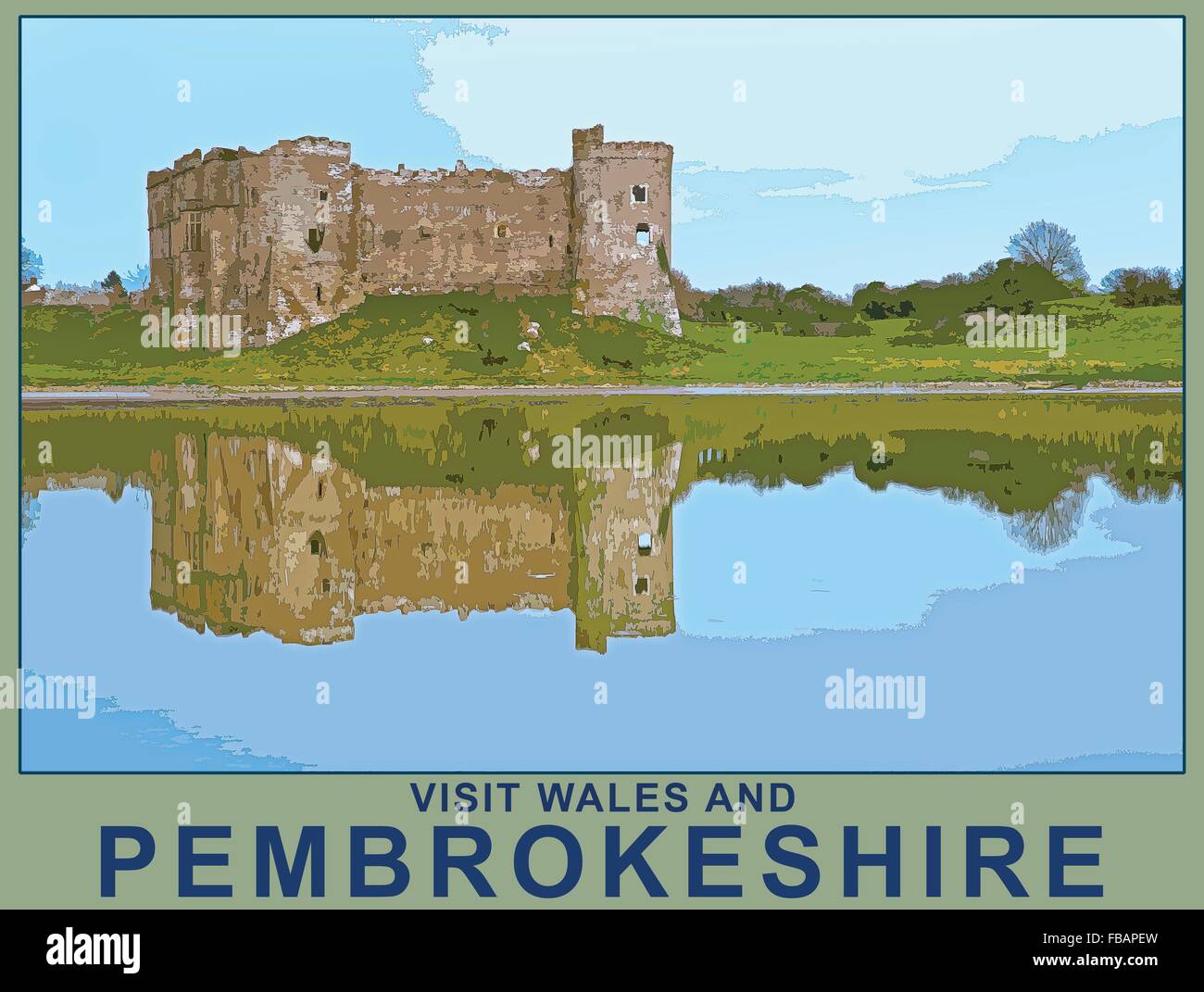 Ein Plakat Stil Illustration aus einem Foto von Carew Castle und den Mühlenteich, Pembrokeshire, West Wales, UK Stockfoto