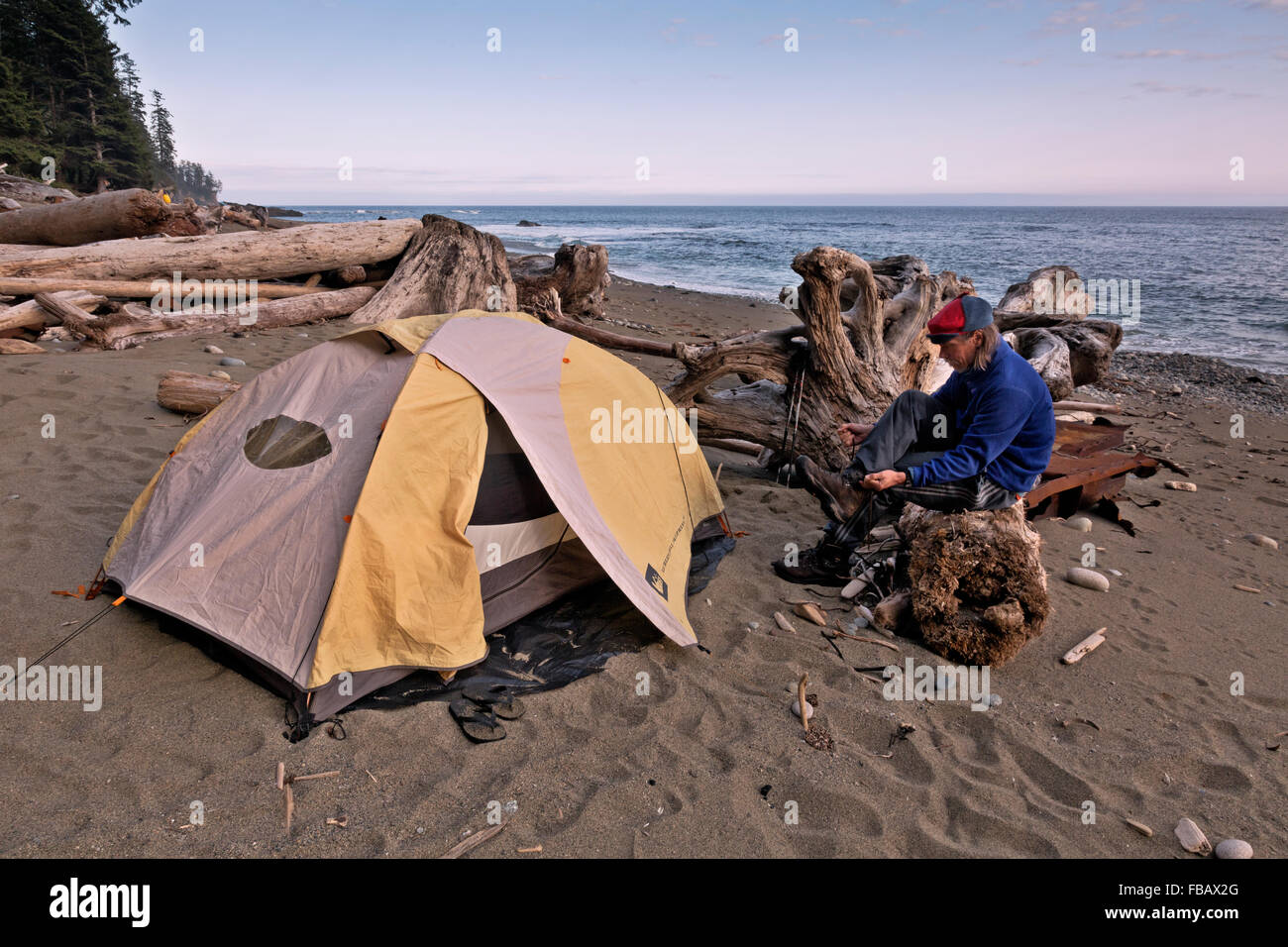 BC00425-00... BRITISH COLUMBIA - Abend am Tsocowis Creek Camp, ein beliebter Campingplatz entlang der West Coast Trail. Stockfoto