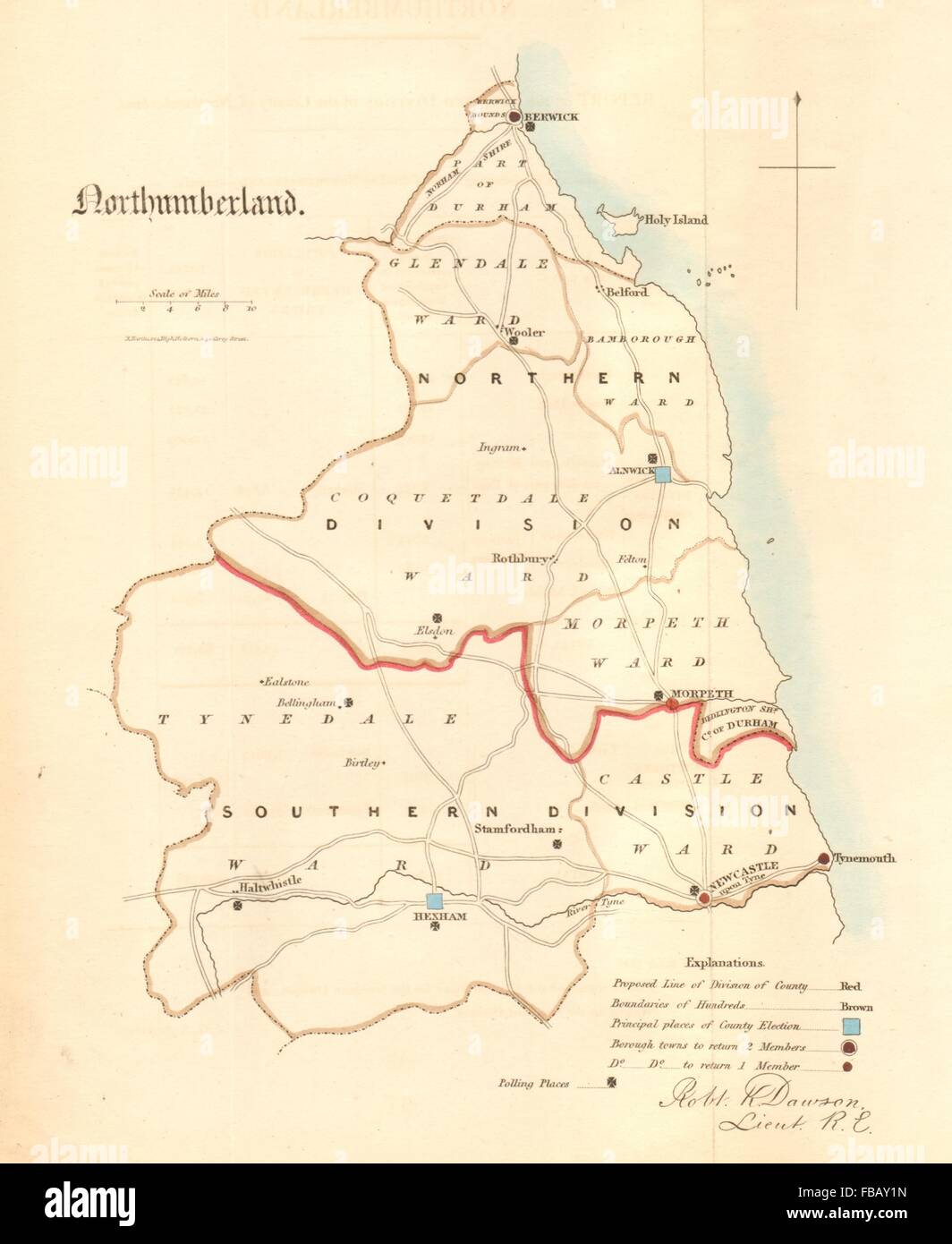 Northumberland county Karte. Divisionen Bezirke Wahlen. REFORM ACT. DAWSON 1832 Stockfoto