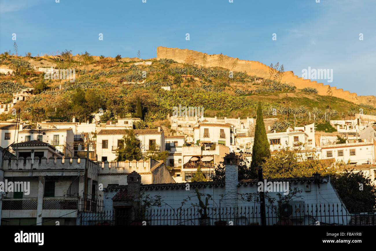 Die Wand über der weißen Häuser, Höhlen und Kakteen im Sacromonte in Granada Spanien das Gebiet, wo die Zigeuner Leben. Stockfoto