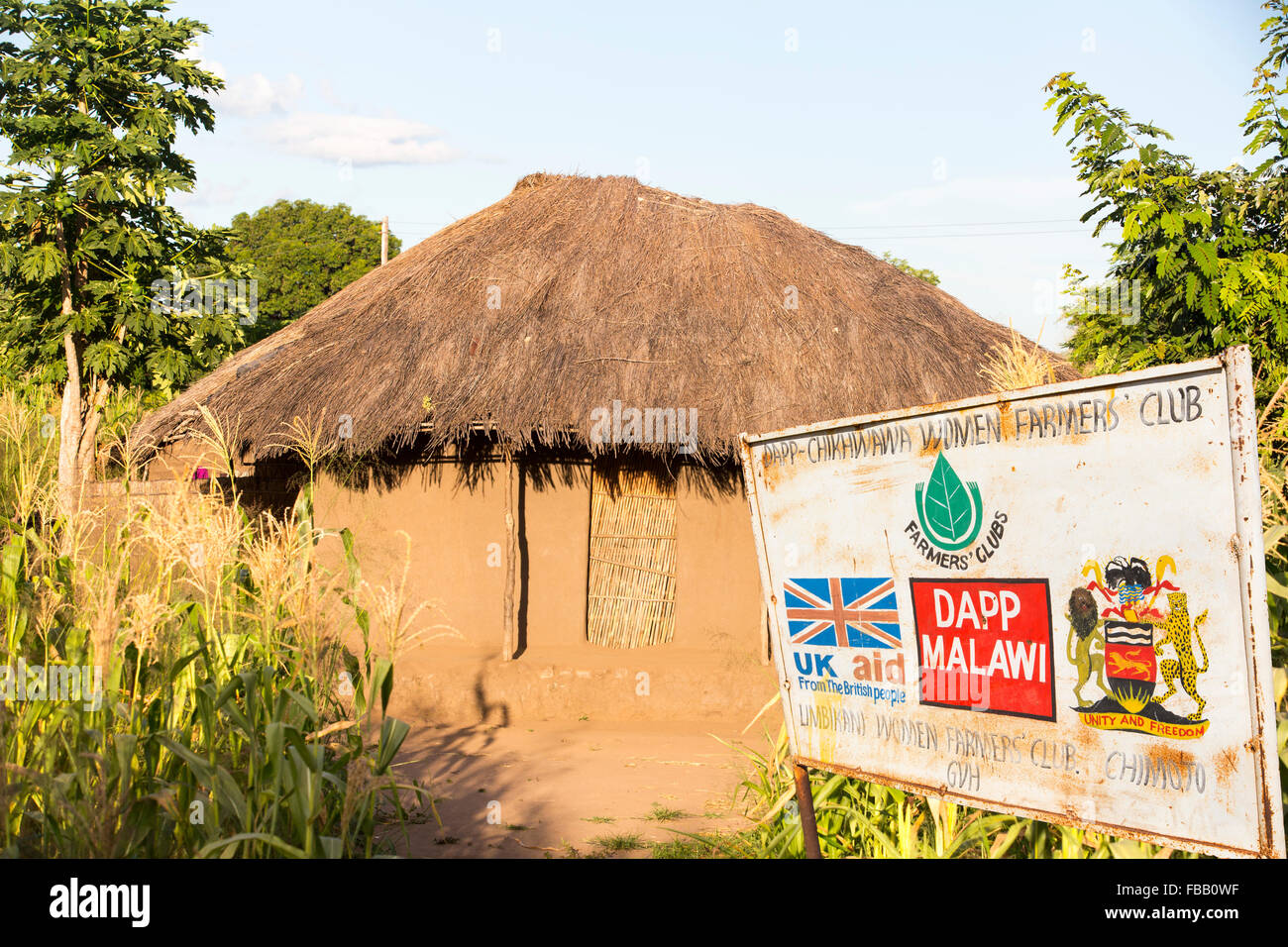 Malawi ist eines der ärmsten Länder der Welt, viele Menschen leben noch in traditionellen Lehmhäuser Hütte mit Rasen strohgedeckten Dächern. Stockfoto