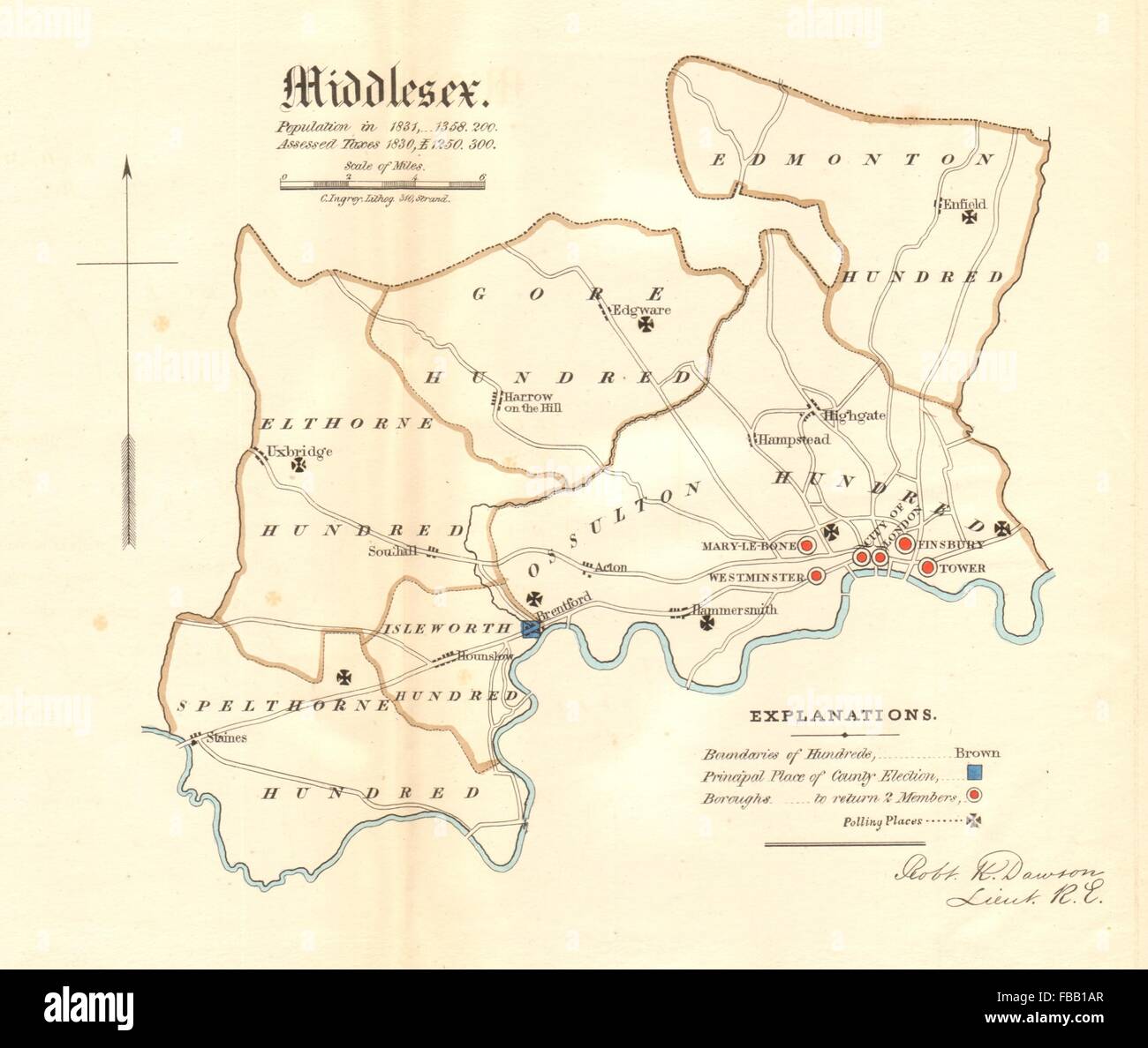 Middlesex county Karte. Hunderte Bezirke Wahlen. REFORM ACT. DAWSON, 1832 Stockfoto