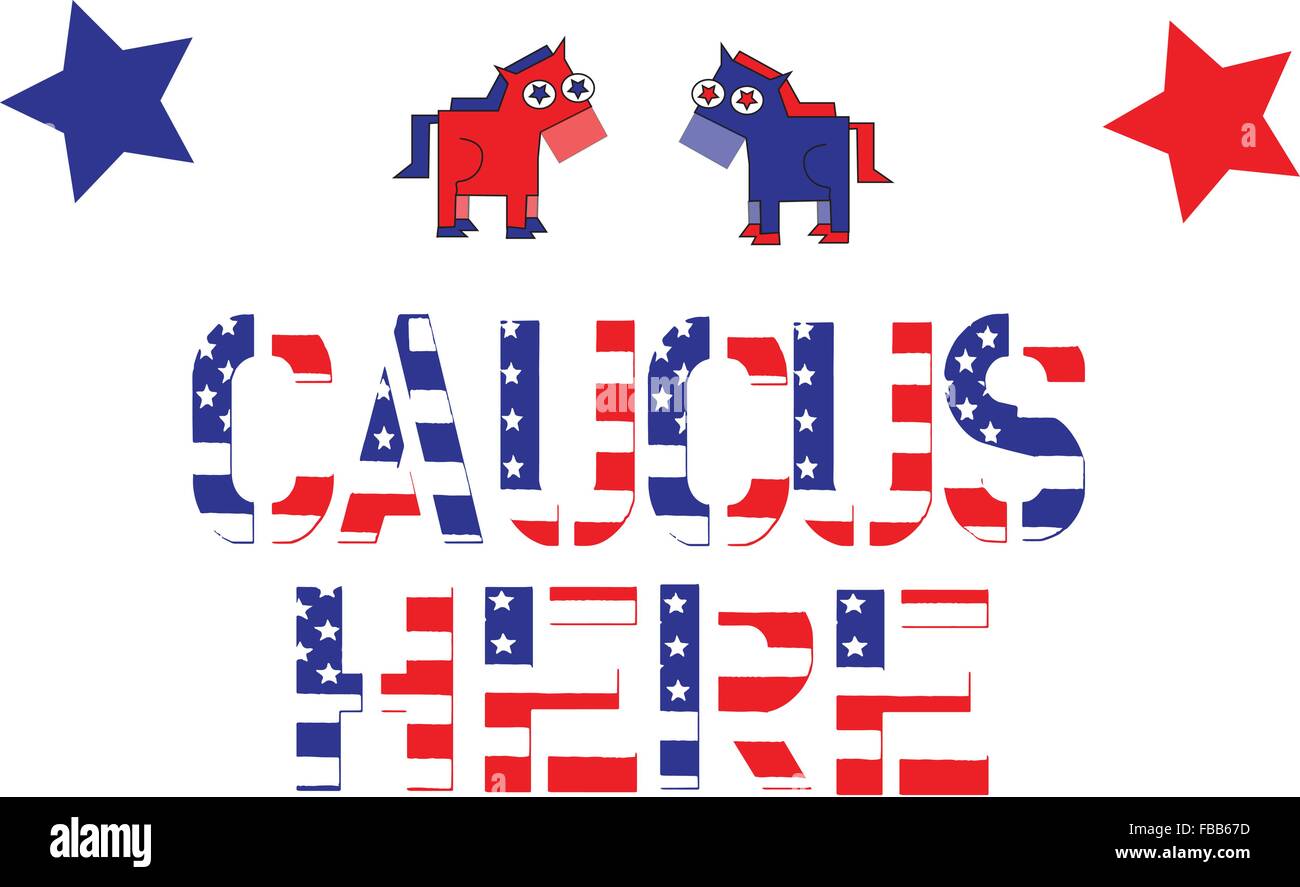 Rot, weiß und blau Rechtschreibung Caucus hier mit demokratischen Partei Maskottchen und Sternen auf weißem Schriftzug. Stock Vektor