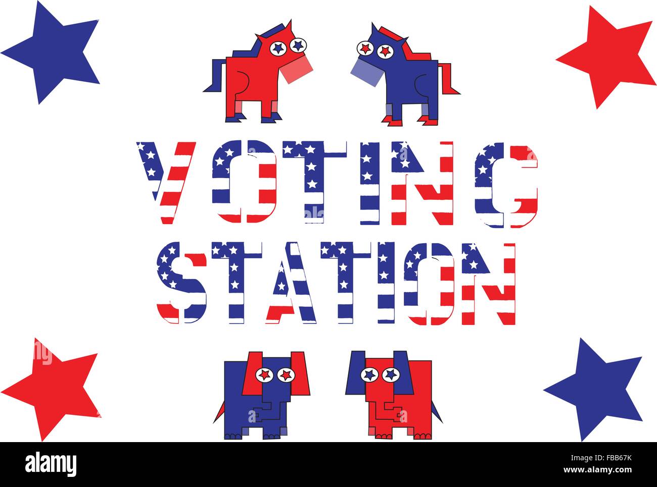 Rot, weiß und blau Rechtschreibung Abstimmung republikanische Partei Maskottchen mit Sternen auf weißem Schriftzug. Stock Vektor