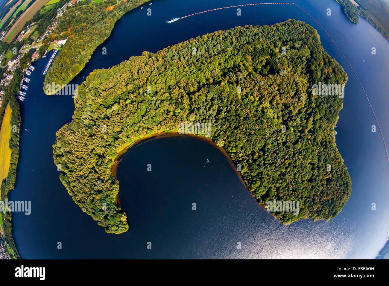 Luftbild, Halterner See Halterner Stausee, Insel im Halterner See, Wald-Insel im blauen Wasser, Haltern am See Stockfoto