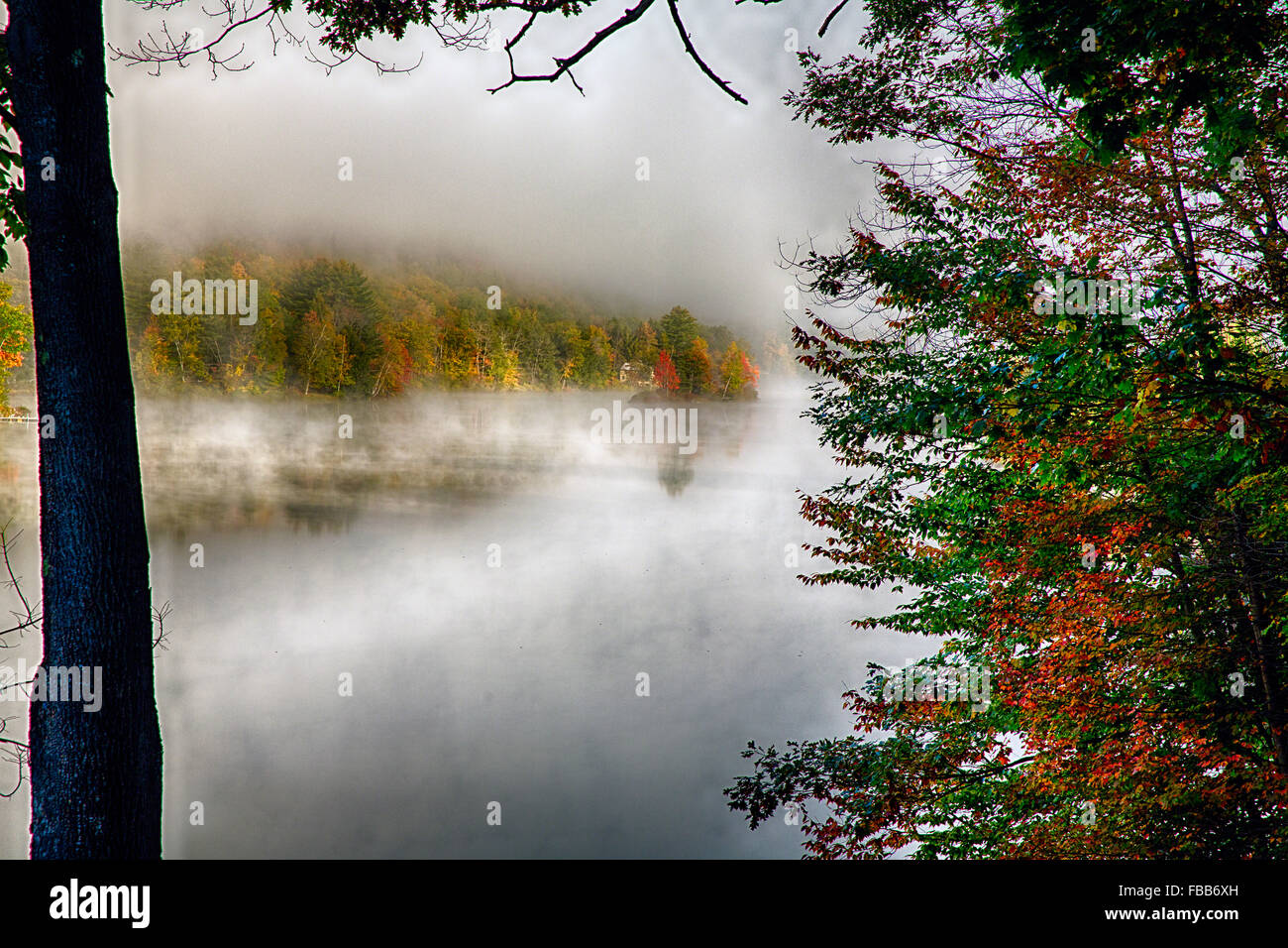 See mit Morgennebel im Herbst, Knapp Brook Pond, Vermont Stockfoto