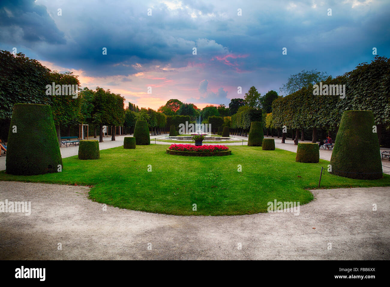 Formschnitt Sträucher in einem Schlosspark bei Sonnenuntergang, Schonnbrun Wien, Österreich Stockfoto