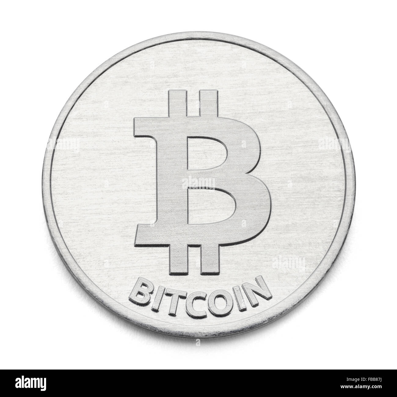 Silber Bitcoin digitale Währung isoliert auf einem weißen Hintergrund. Stockfoto