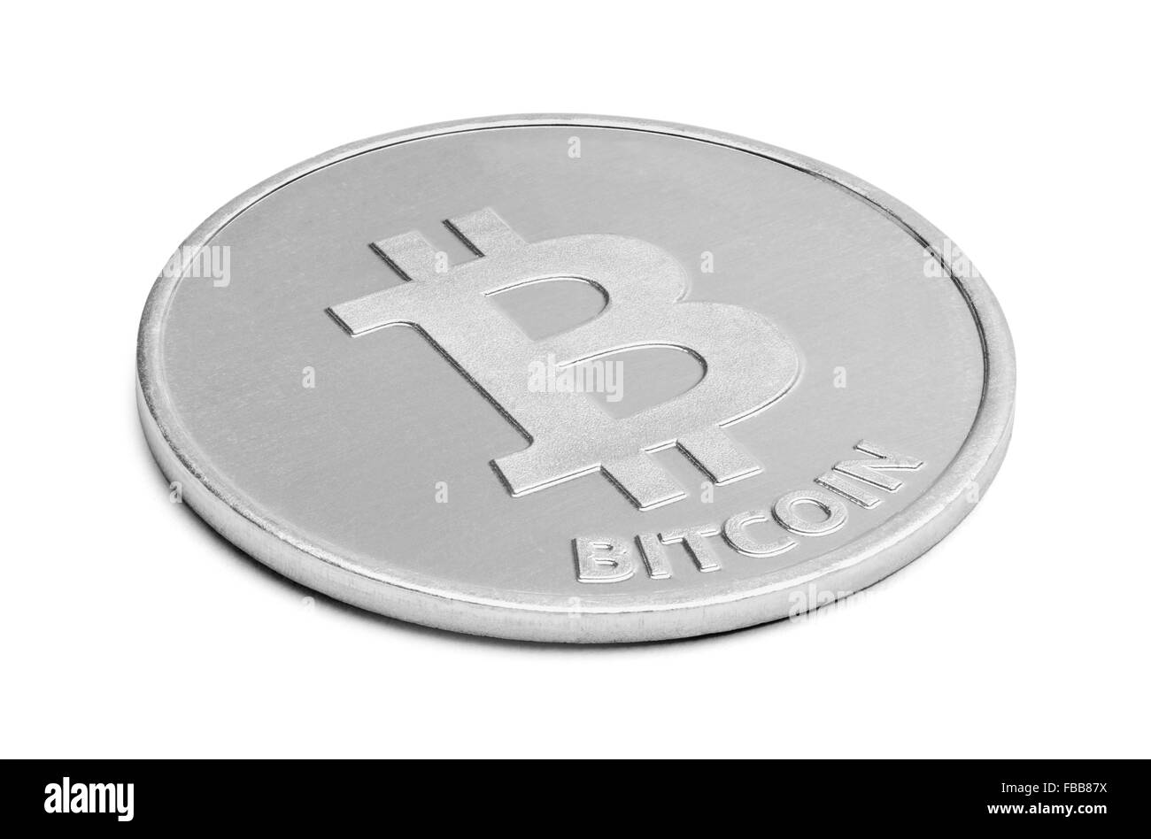 Silber Bitcoin digitale Währung isoliert auf einem weißen Hintergrund. Stockfoto