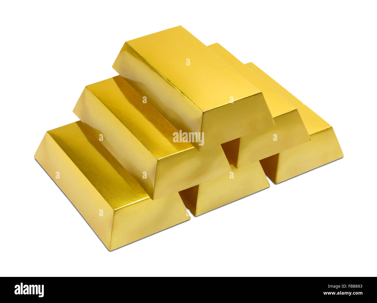 Haufen von Goldbarren auf weißem Hintergrund. Stockfoto
