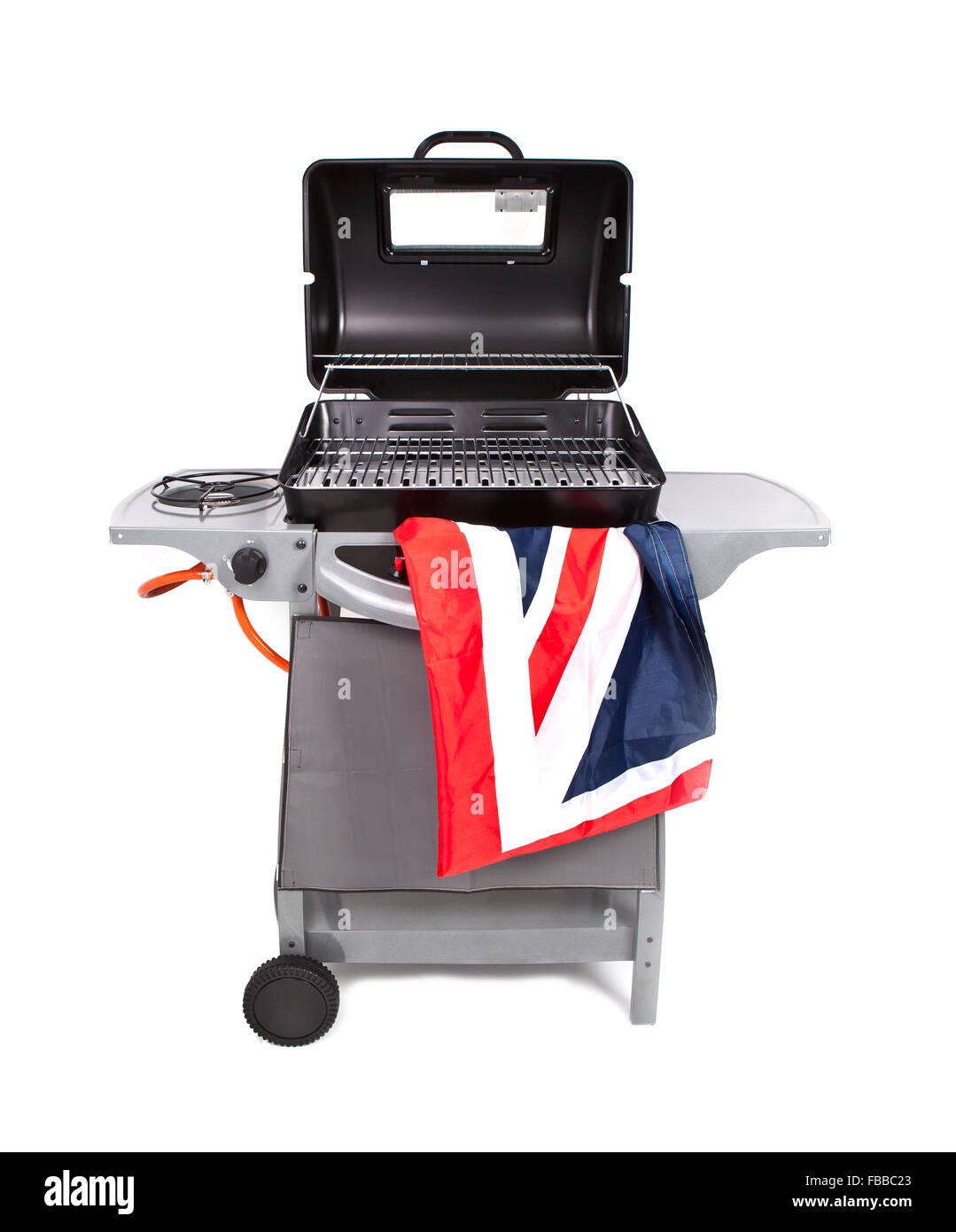 Große britische Grill mit Union Jack-Flagge auf weißem Hintergrund Stockfoto