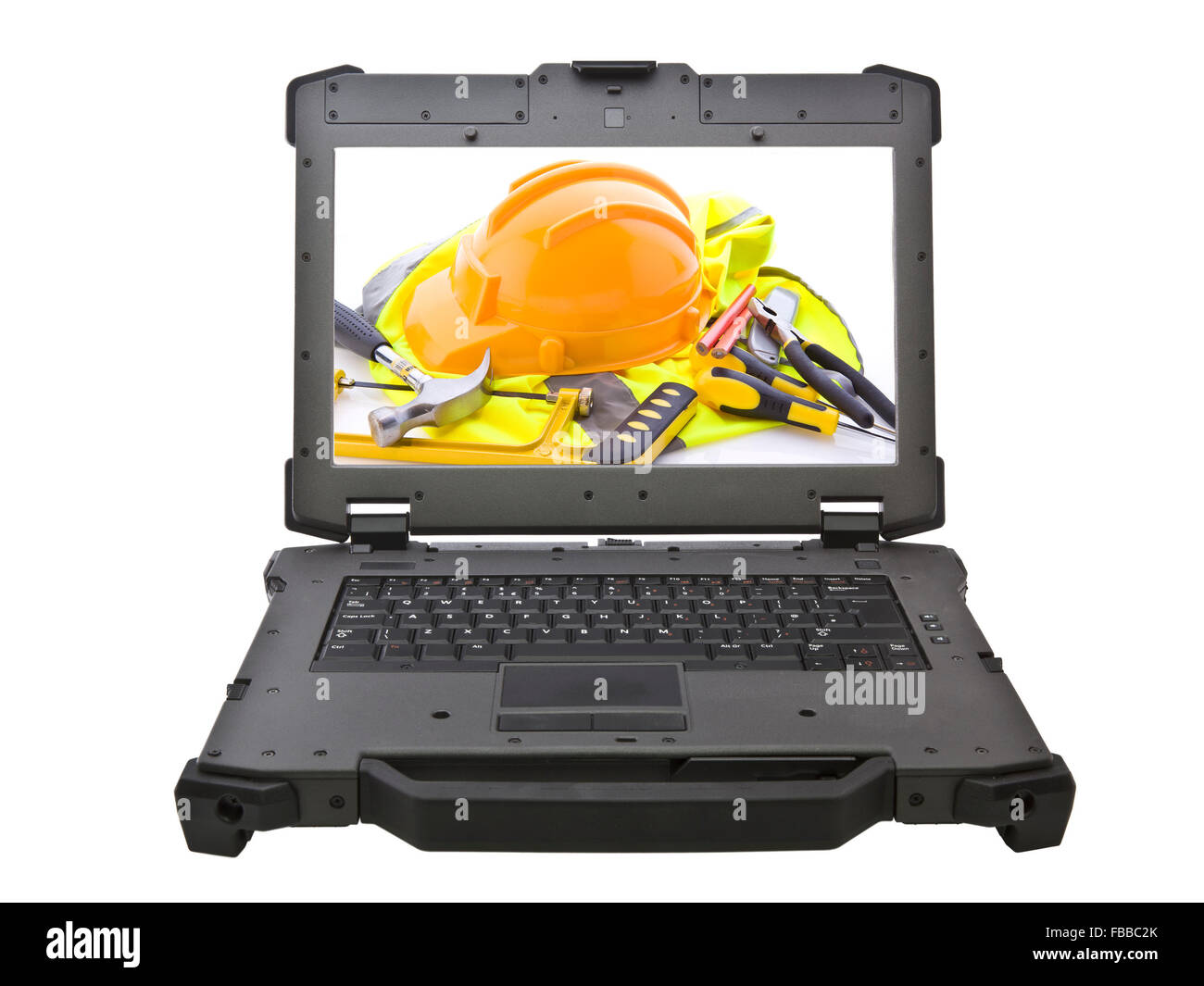 Robuster Laptop mit Bauwerkzeuge auf Bildschirm Stockfoto