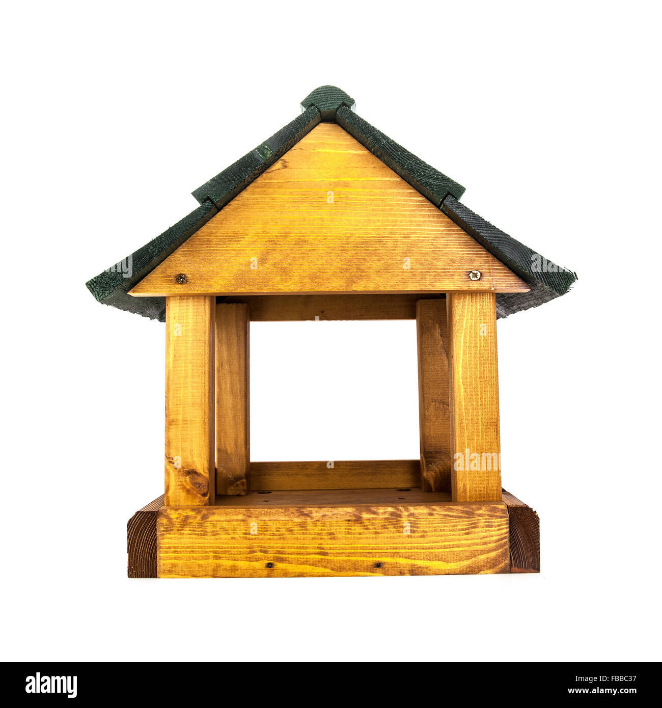 Holz Haus Vogelhäuschen auf weißem Hintergrund Stockfoto