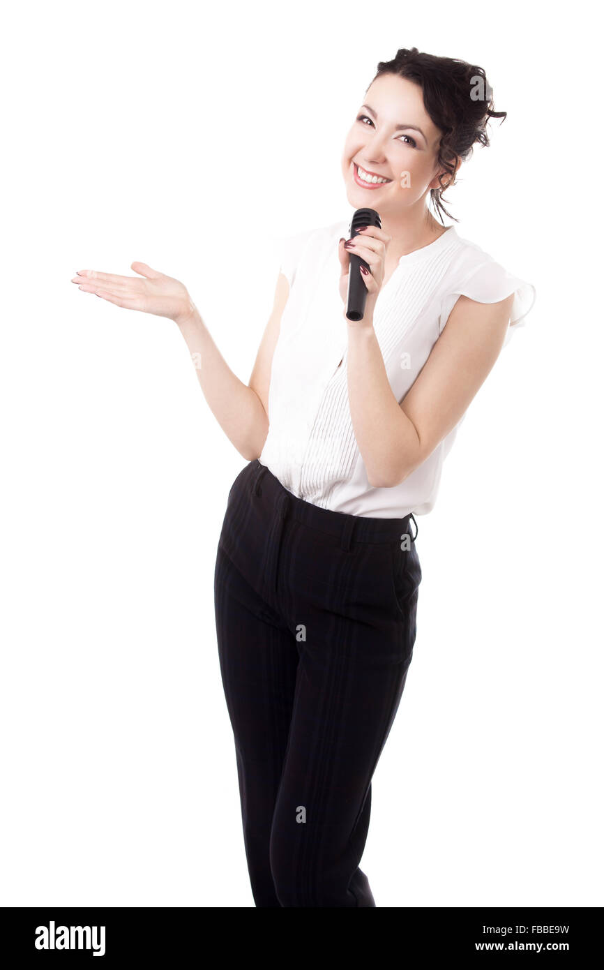 Öffentliche Rede und Präsentation, Konferenz, Verkauf, Werbung. Junge Geschäftsfrau, Reporter, Medien-Moderator mit Mikrofon, Stockfoto