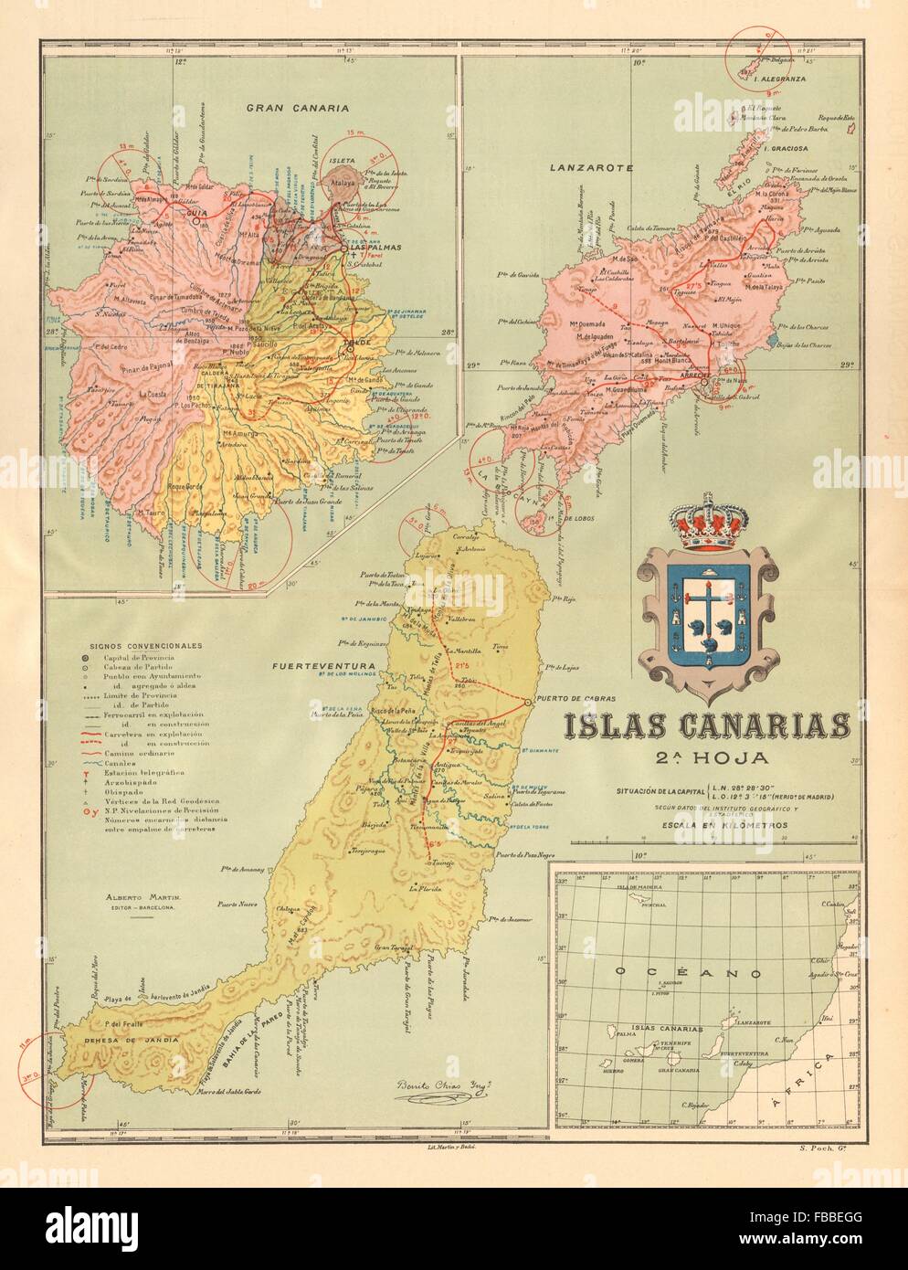 ISLAS CANARIAS Gran Canaria Fuerteventura Lanzarote. Kanarische Inseln, c1911 Karte Stockfoto