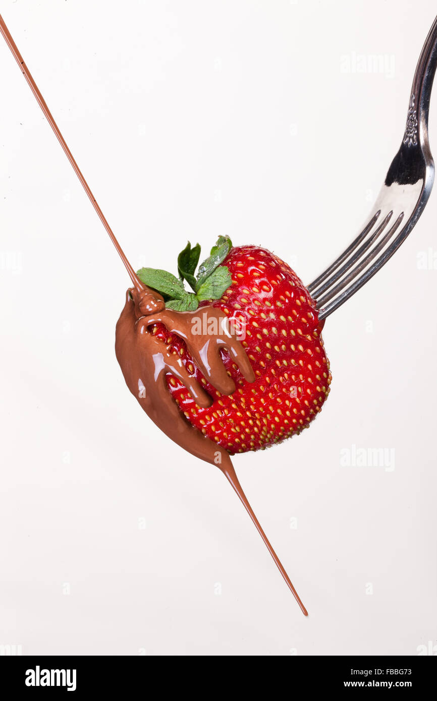 Berry Frucht essen frisch frische Glas Dessert Produkt Makro Nahaufnahme Gabel isoliert Geschirr Schokolade Metallteile Farbe Stockfoto