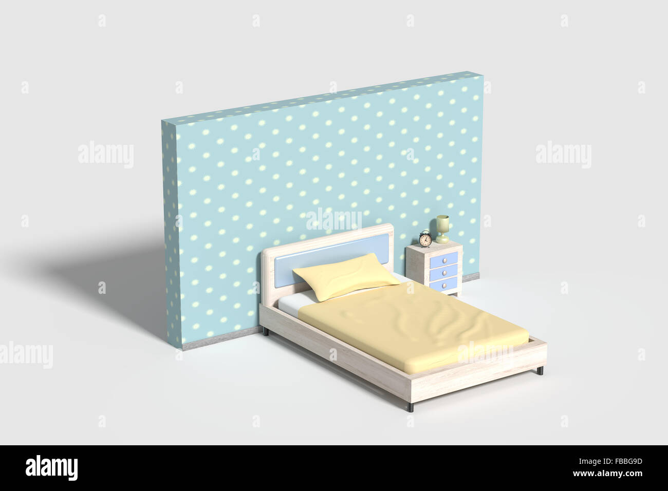 3D Rendeing von einem Schlafzimmer Innenraum in weißen, blauen und gelben Farben. Abbildung Stockfoto