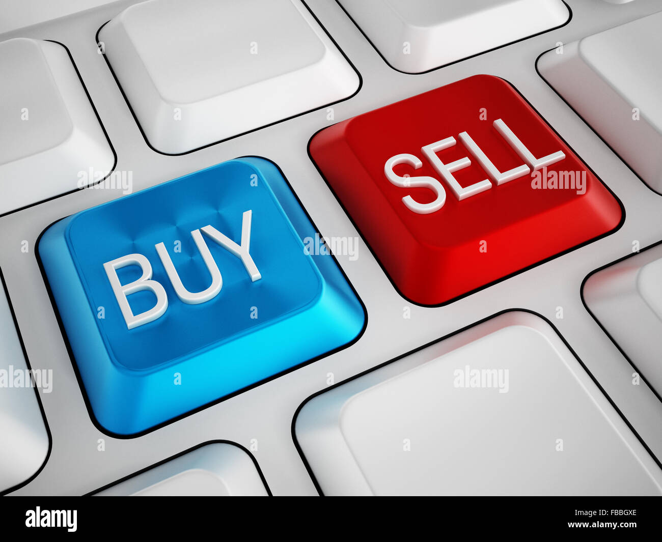 Kaufen Sie und verkaufen Sie Tasten auf weiße Tastatur. Stockfoto