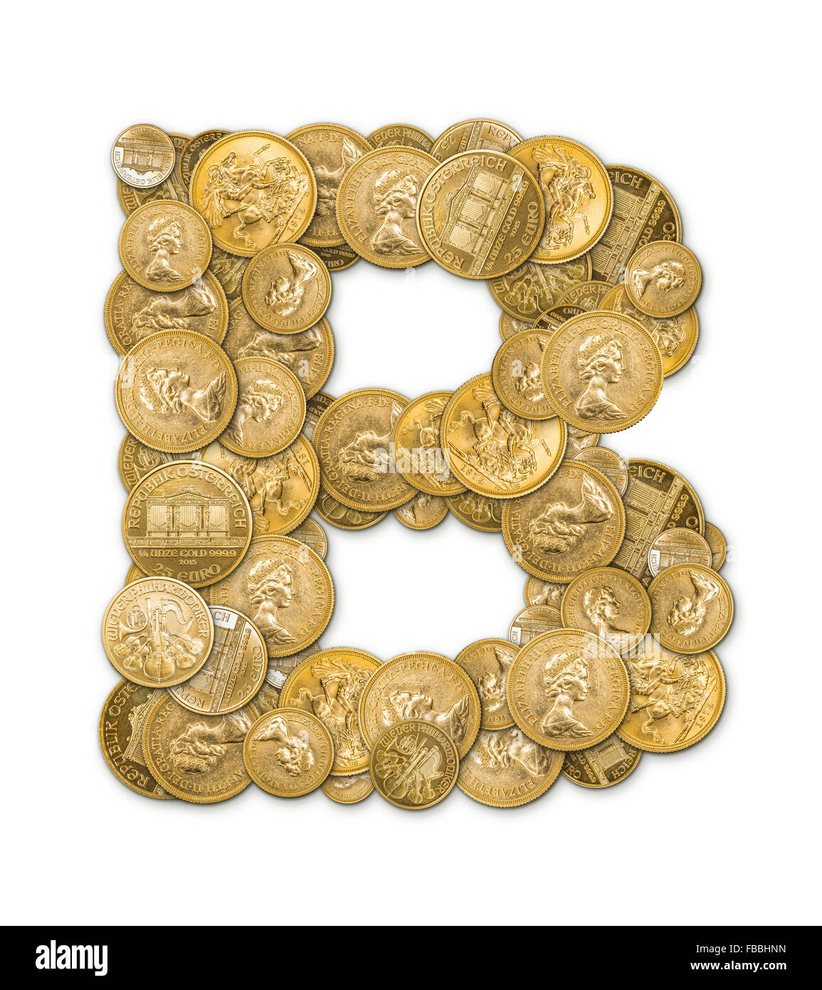 Buchstabe B hergestellt aus gold-Münzen Geld isoliert auf weißem Hintergrund Stockfoto