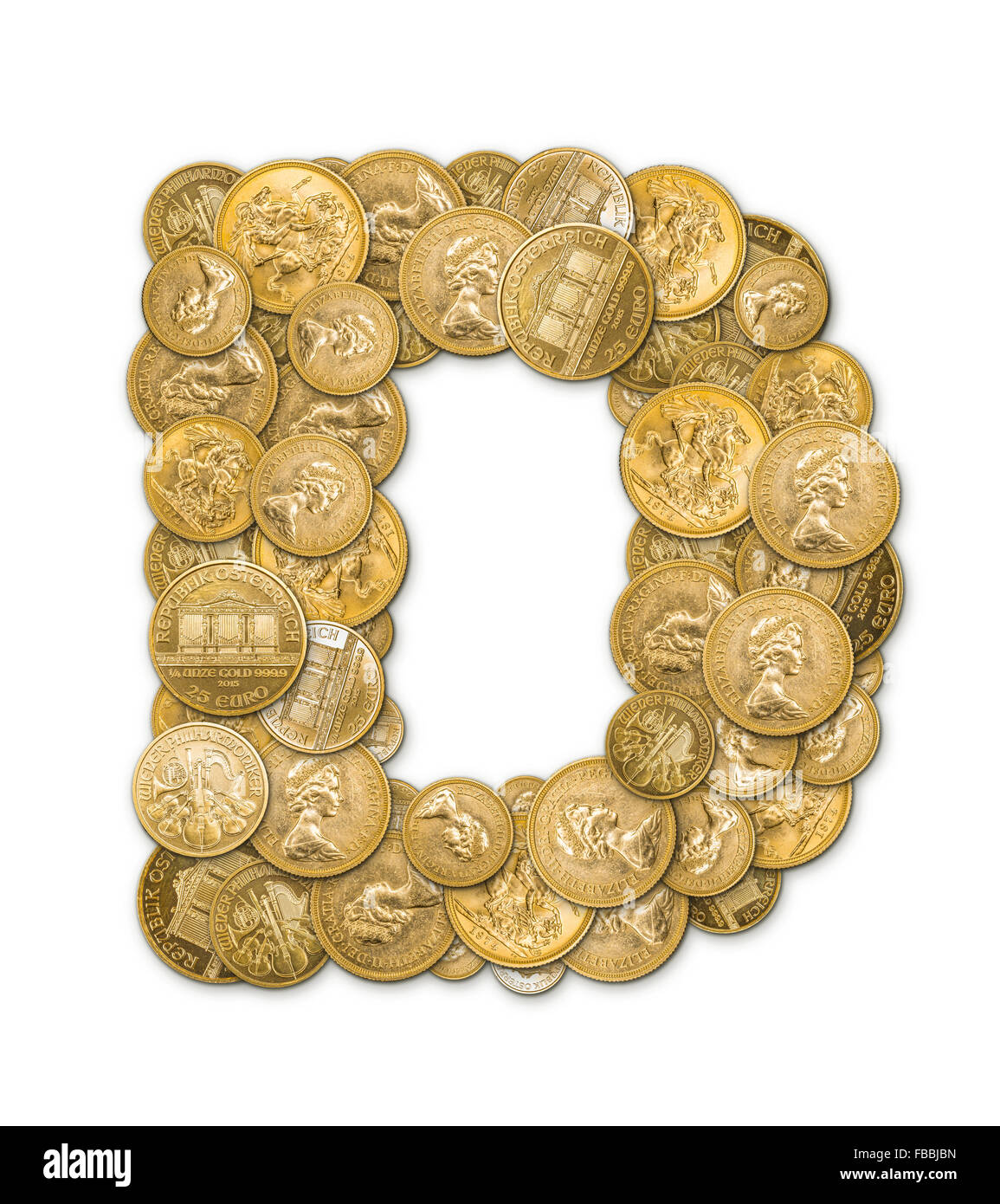 Buchstabe D hergestellt aus gold-Münzen Geld isoliert auf weißem Hintergrund Stockfoto