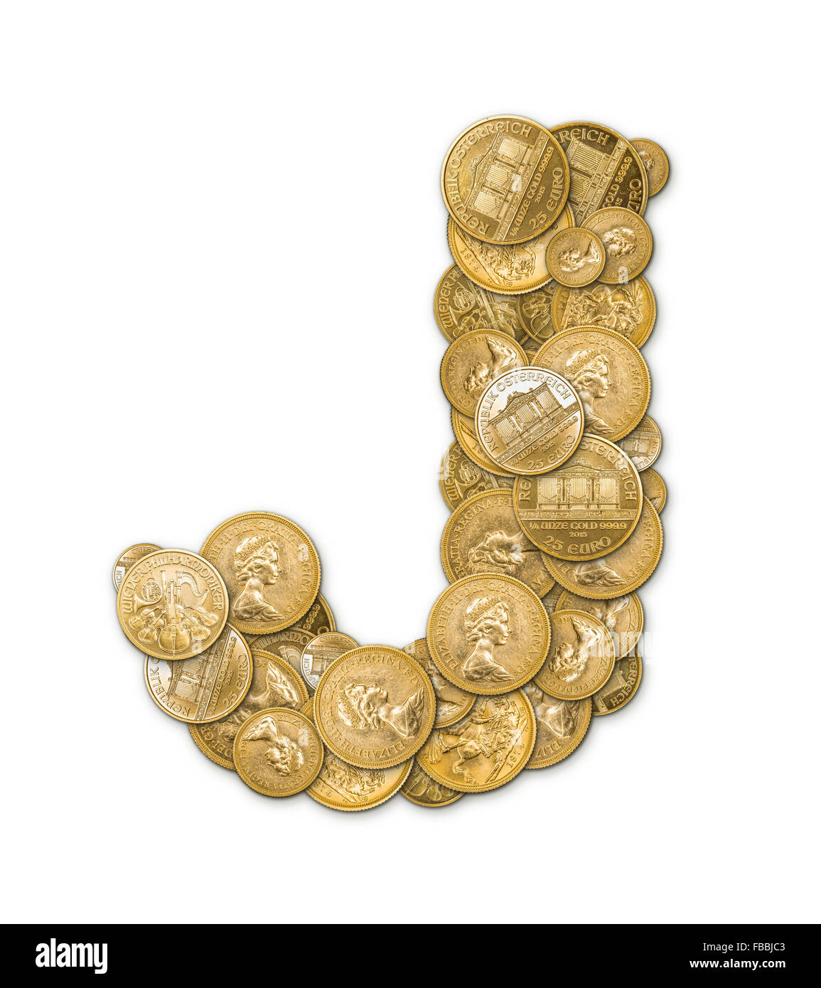 Buchstabe J hergestellt aus gold-Münzen Geld isoliert auf weißem Hintergrund Stockfoto