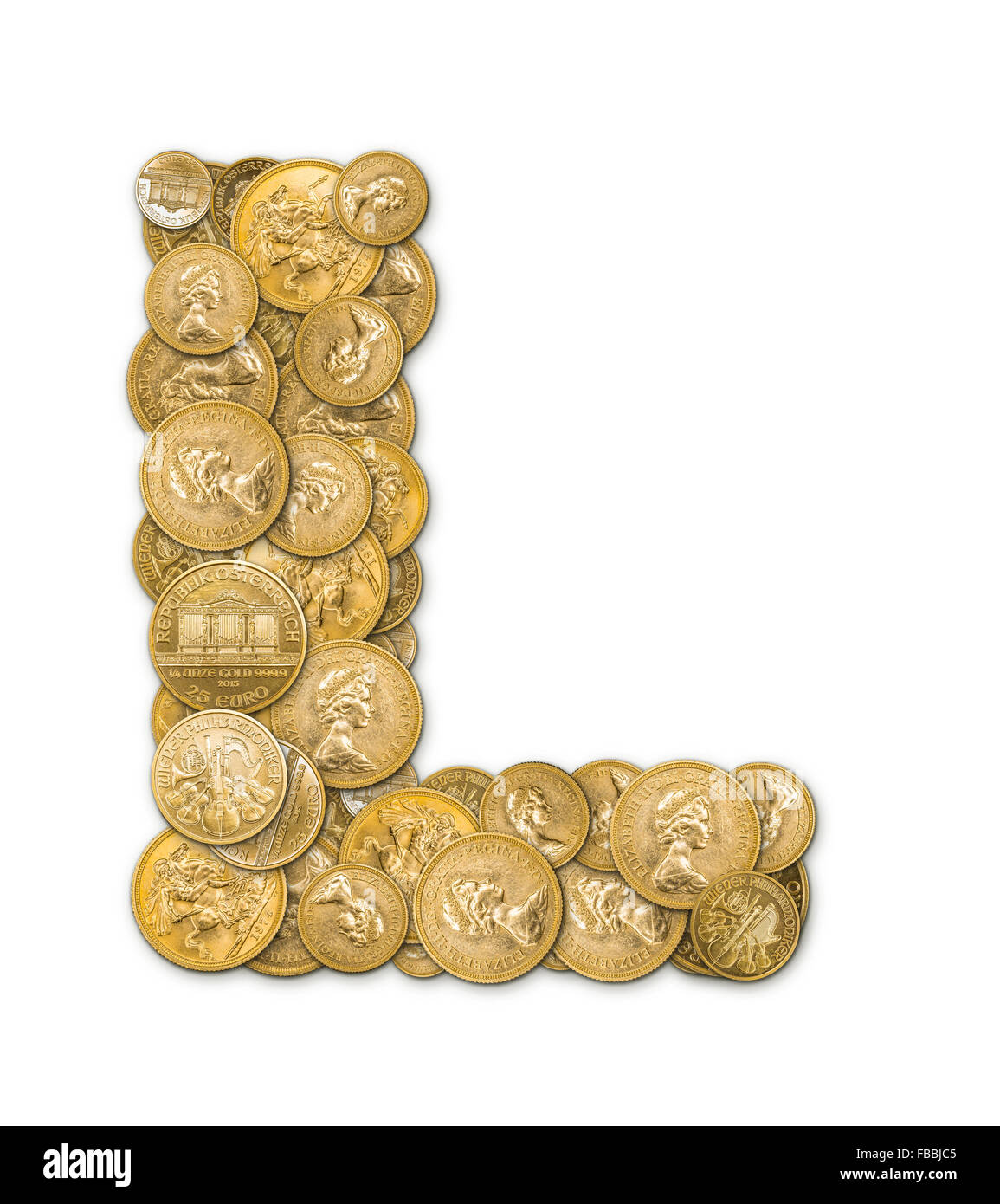Buchstabe L, hergestellt aus gold-Münzen Geld isoliert auf weißem Hintergrund Stockfoto