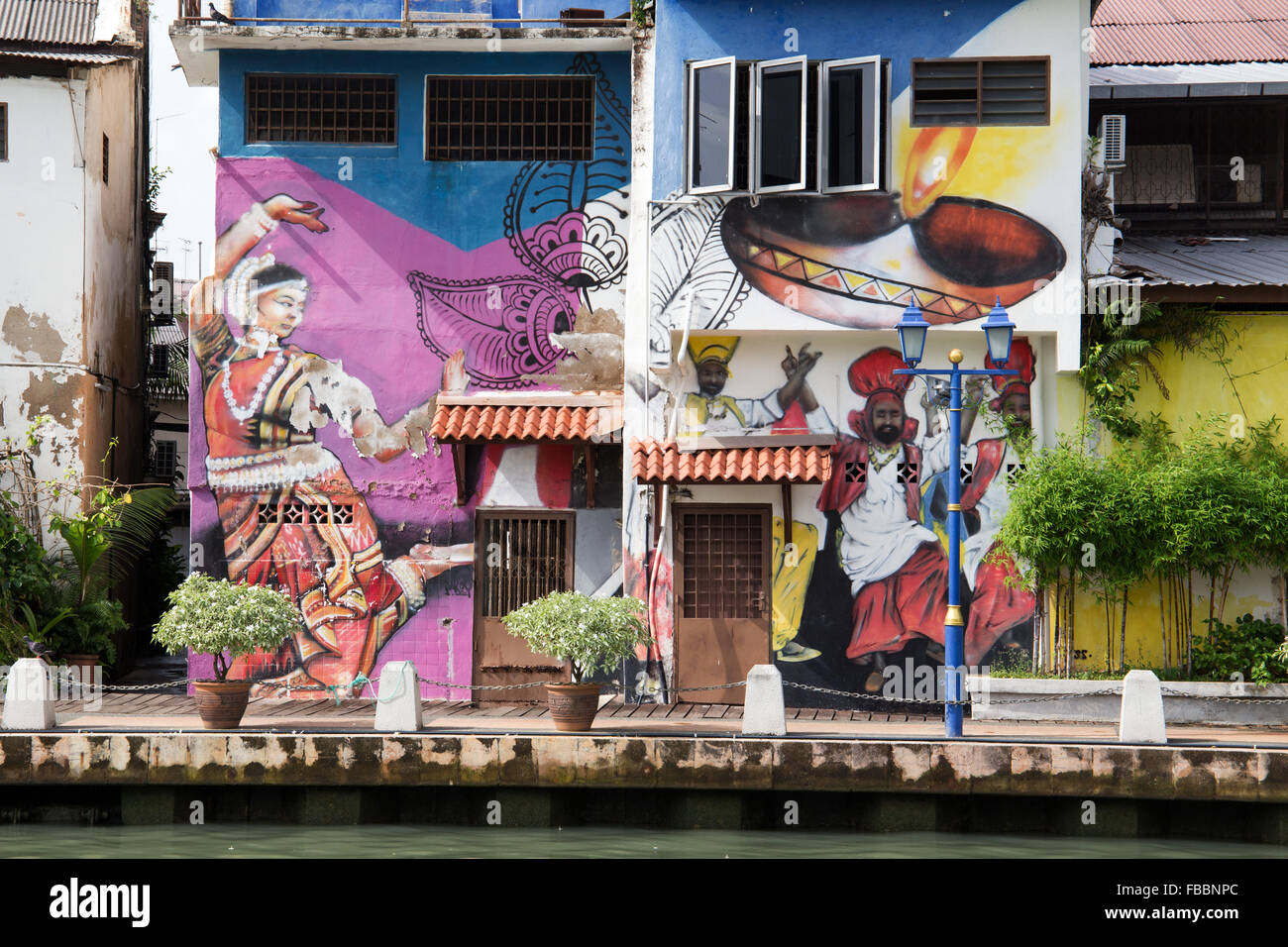 Bunte Wandmalereien vom Fluss Malakka. Stockfoto