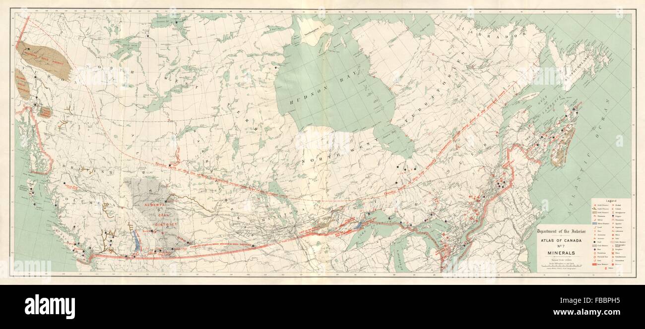 KANADA-RESSOURCEN. Metalle, Mineralien gas Öl gold Kohle. Metall weiß, 1906-Karte Stockfoto