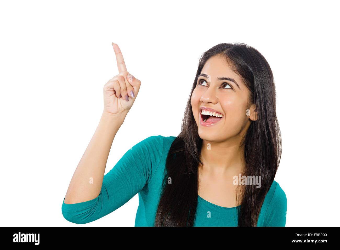 1 indische junge Frau Finger zeigen anzeigen Stockfoto