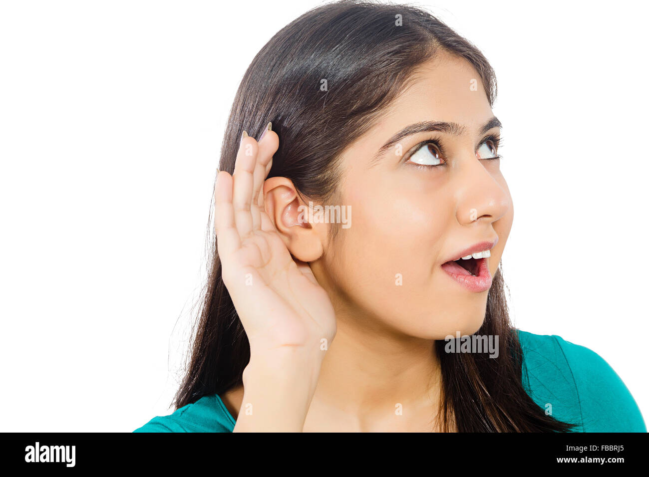 1 indische junge Frau-Ohr-Hörsystem Stockfoto
