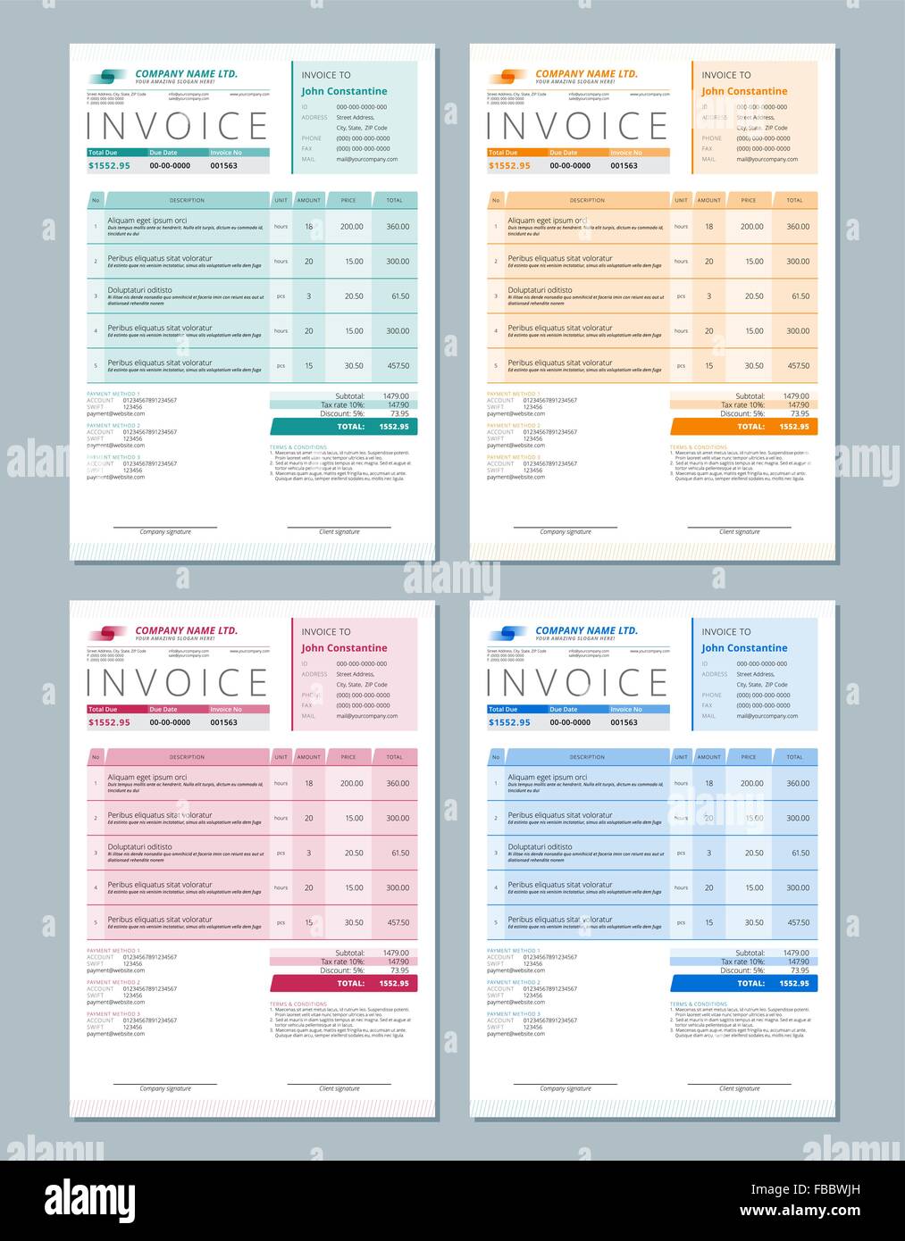 Satz Von Vektor Rechnung Design Vorlagen Farben Grun Orange Rot Und Blau Stock Vektorgrafik Alamy