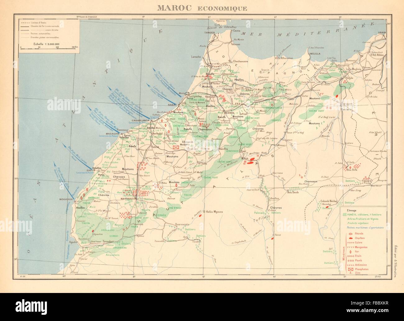FRANZÖSISCHE Marokko Wirtschaft/Ressourcen Maroc Bantusprachen Français Economique 1938 Karte Stockfoto