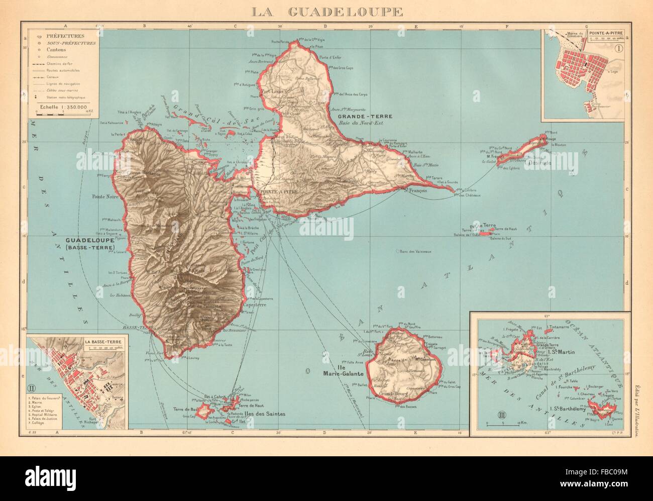 GUADELOUPE. Basse-Terre; Pointe-À-Pitre. St-Martin, Saint-Barthélemy, 1938 Karte Stockfoto