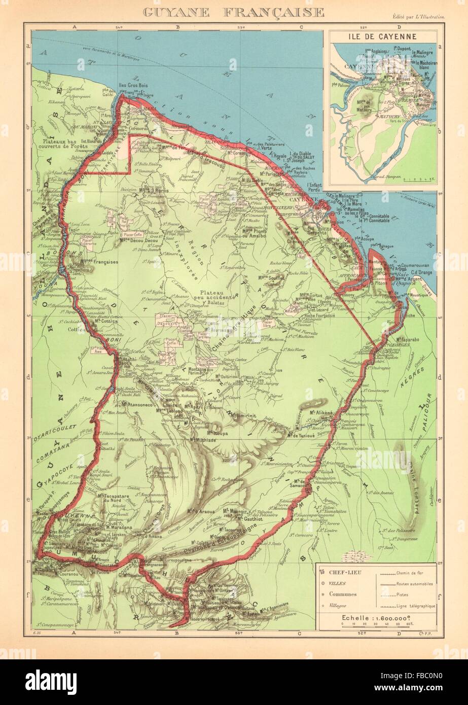 FRANZÖSISCH-GUAYANA. Guyane Française. Île de Cayenne Plan, 1938 Vintage Karte Stockfoto