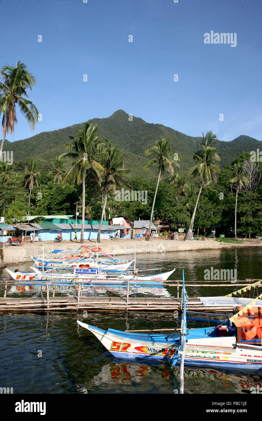 Philippinen Palawan Sabang Boote warten auf Besucher nehmen an den unterirdischen Fluss Adrian Baker Stockfoto