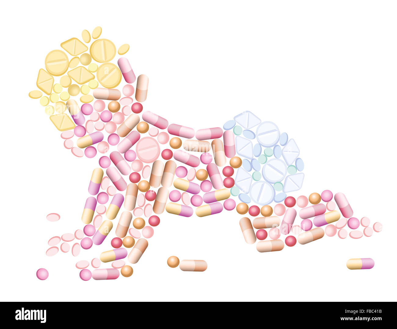 Pillen - Medikamente, die die Silhouette eines Babys, als Symbol für pharmazeutische und medizinische Themen - Bild prägen. Stockfoto