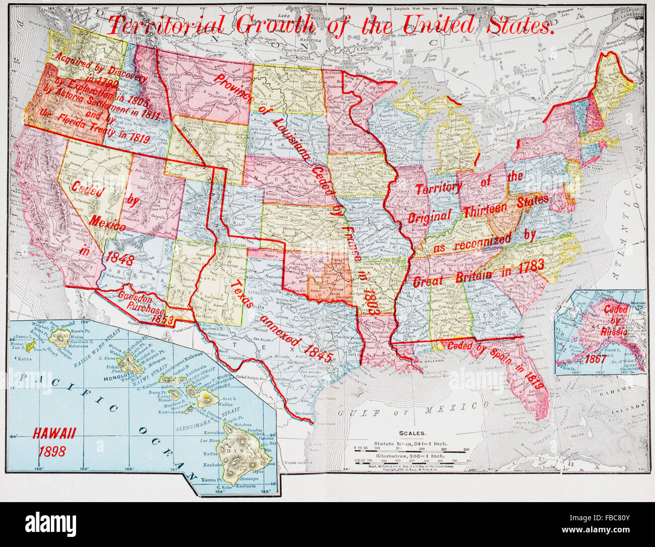 Eine Karte von 1898 zeigt das territoriale Wachstum der Vereinigten Staaten von Amerika. Stockfoto