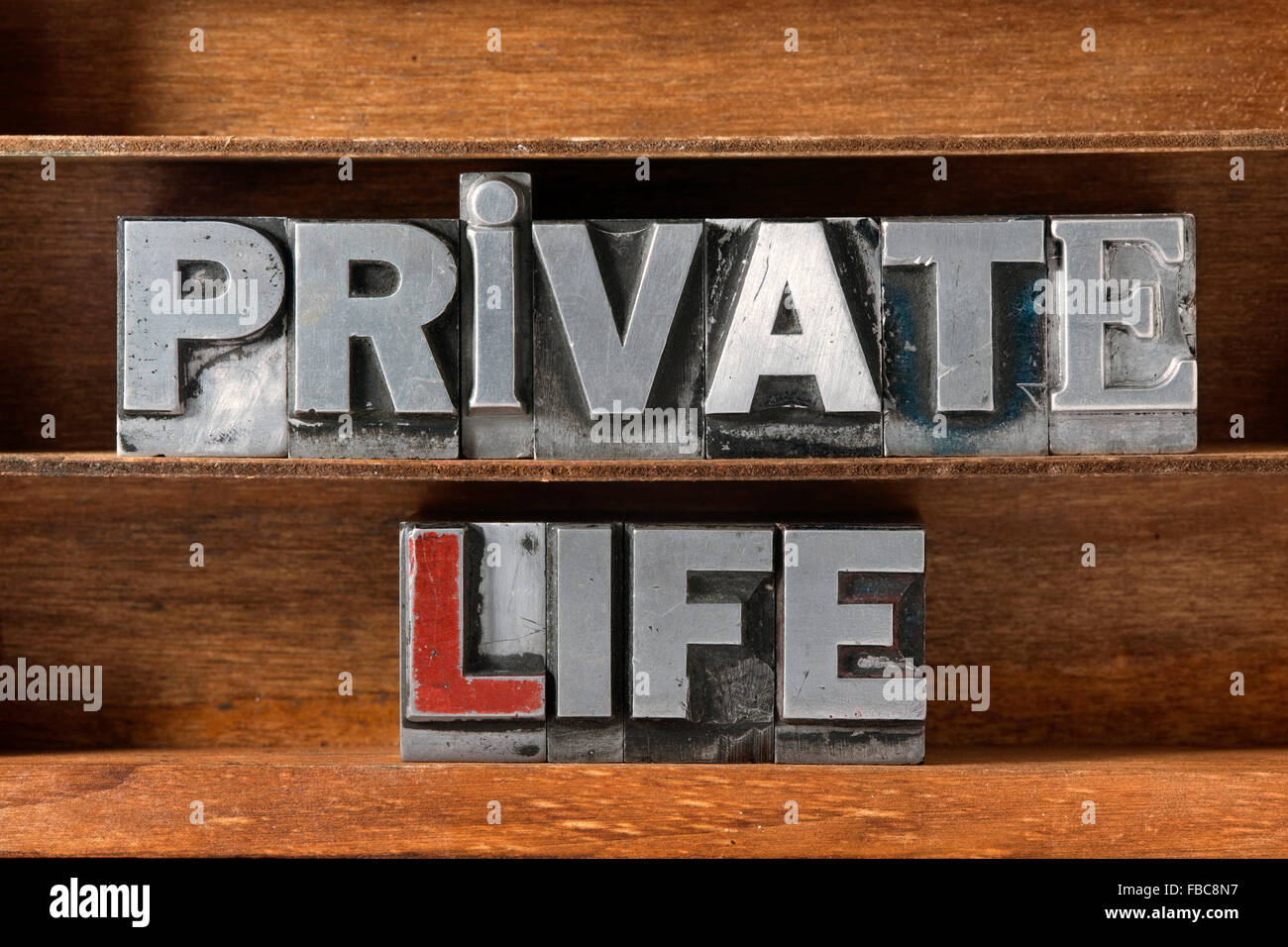 Privatleben-Satz aus metallischen Buchdruck auf Tablett aus Holz hergestellt Stockfoto