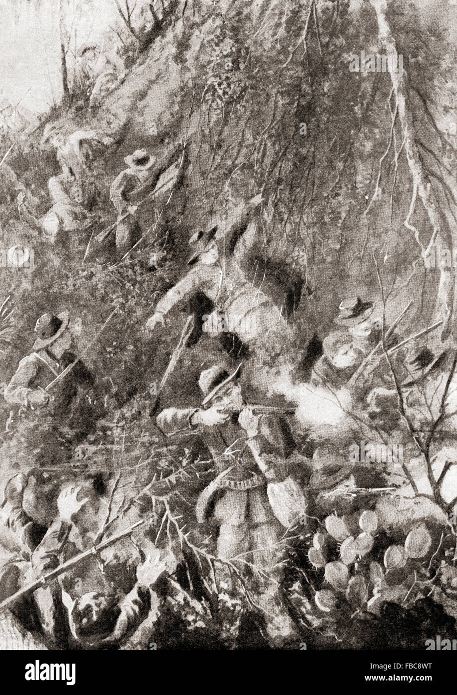 Ein Scharmützel zwischen den Vereinigten Staaten und spanischen Truppen, 23. Juni 1898 während des Spanisch-Amerikanischen Krieges. Stockfoto