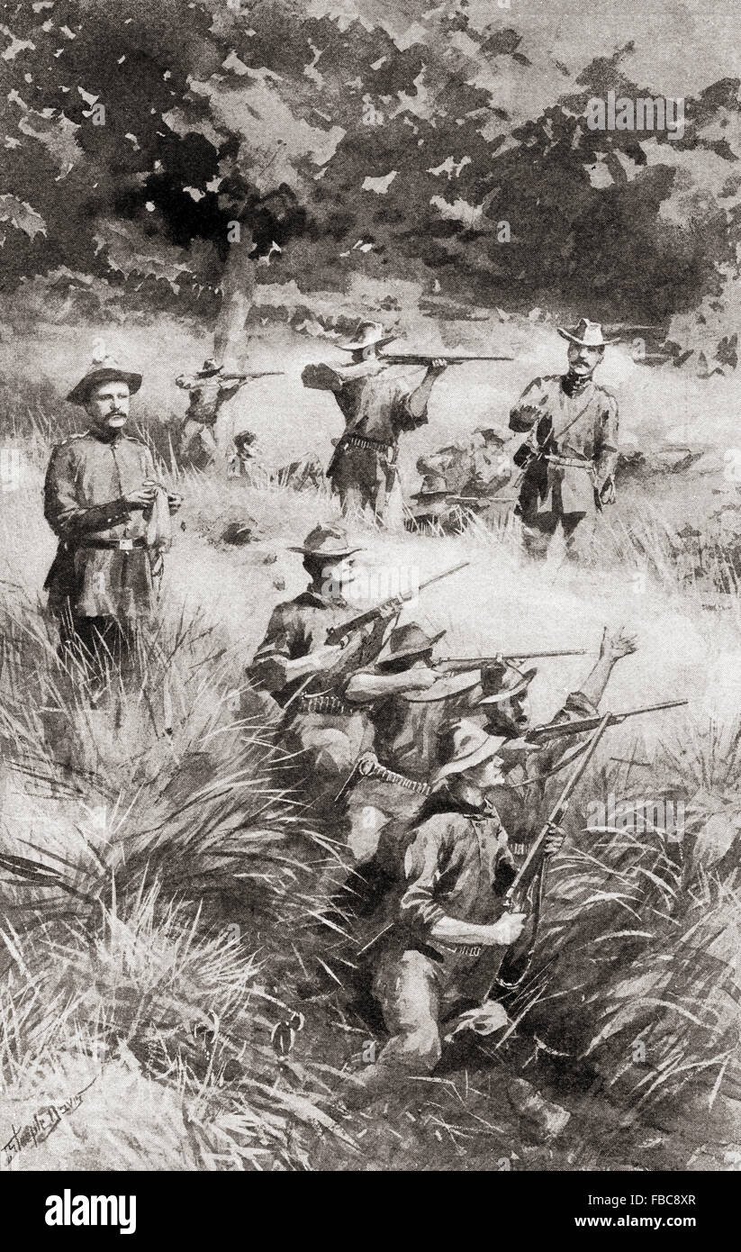 Rough Riders, Mitglieder des 1. USA Volunteer Kavallerie in der Schlacht von Las Guasimas, Kuba, 24. Juni 1898, das erste Land-Engagement des Spanisch-Amerikanischen Krieges. Stockfoto