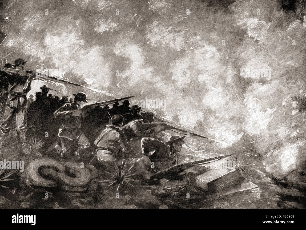 Nacht-Angriff auf United States Marines in die Schlacht von Guantánamo Bay auf Kuba 6-10 Juni 1898, während des Spanisch-Amerikanischen Krieges. Stockfoto