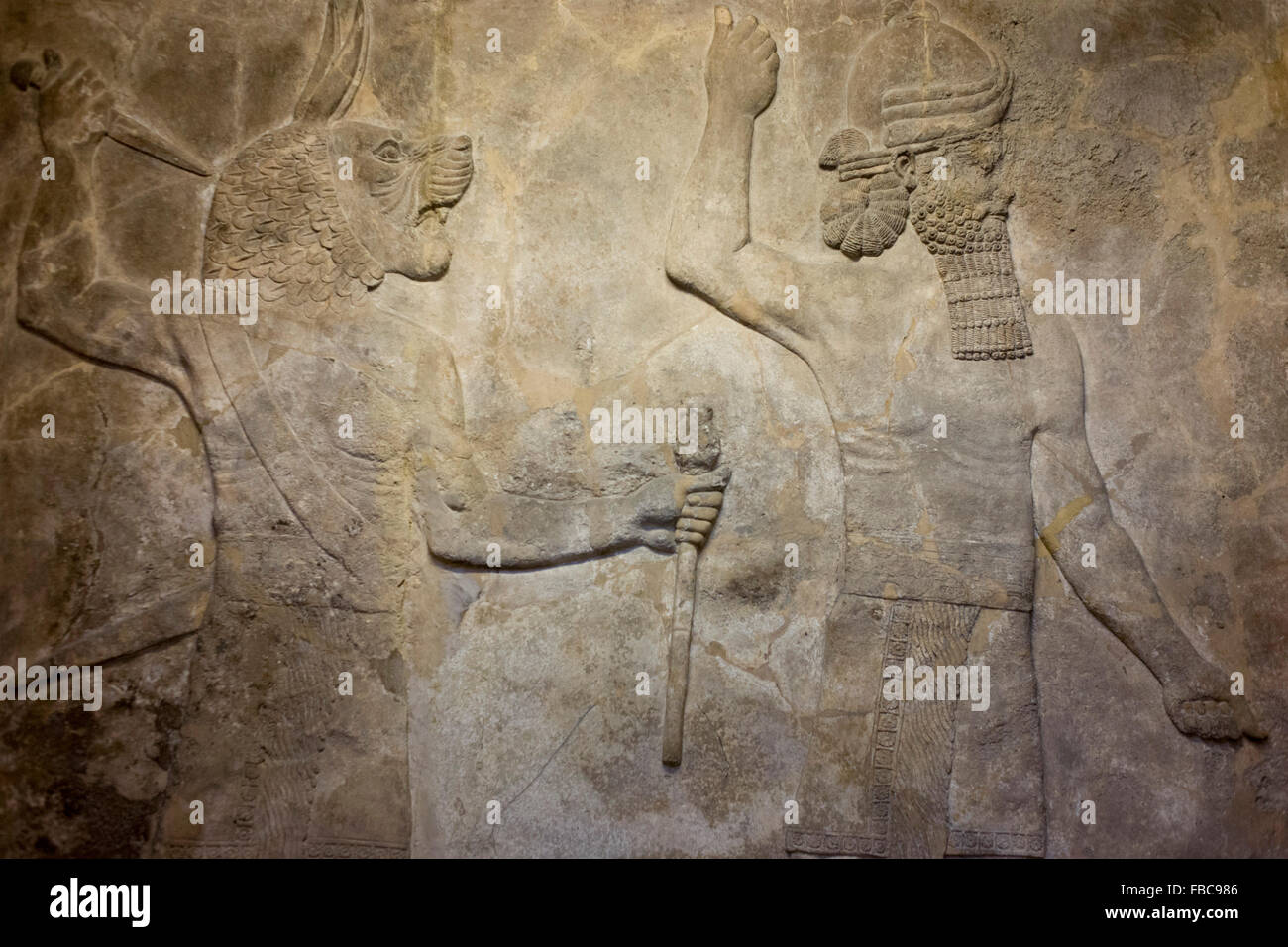 Detail im British Museum von einem assyrischen Relief. Assyrische Könige konkurrierten, sich gegenseitig mit geschnitzten Reliefs an Innenwänden zu übertreffen. Diese Tradition begann mit König Ashurnasirpal II. (regierte 883-859BC) in Nimrud. In 612BC assyrischen Städte wurden geplündert und zerstört durch die Babylonier und Meder und Skulpturen wurden begraben, bis im 19. Jahrhundert von britischen und französischen Archäologen entdeckt. Infolgedessen haben London und Paris die größte Sammlung von assyrische Reliefs außerhalb des Irak. Stockfoto