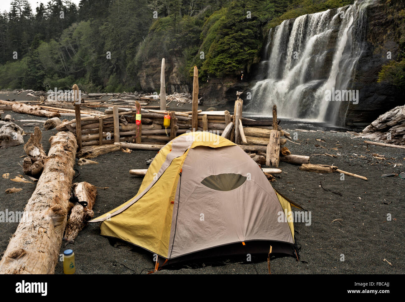 BRITISH COLUMBIA - Campingplatz am Tsusiat Falls im West Coast Trail Abschnitt des Pacific Rim National Park auf Vancouver Island Stockfoto